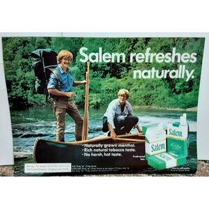 Vintage 1974 Salem Cigarette Ad Outdoorsmen Canoe River Refreshes Naturally